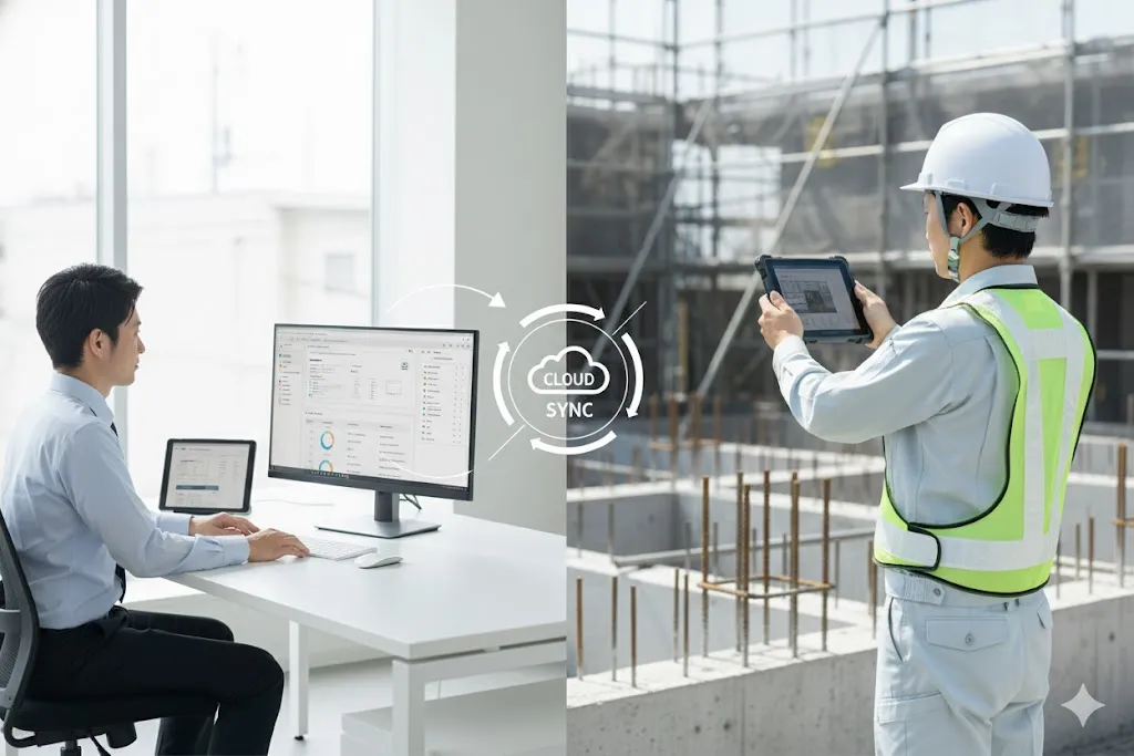 建設現場で撮影された写真データが、電子帳簿保存法の要件を満たすシステム(クラウド)を経由してPCで管理されている様子。