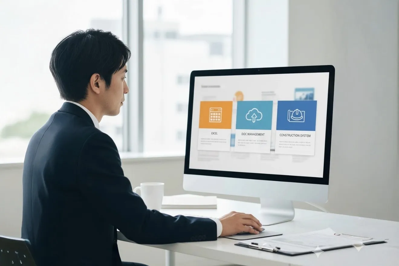 PC画面でExcel、文書管理システム、施工管理システムの3つの選択肢を比較検討するビジネスパーソン。