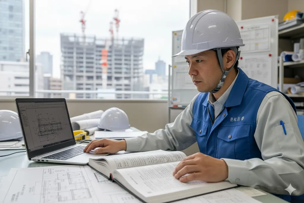 電子納品の要領・基準書とPCを確認する建設技術者