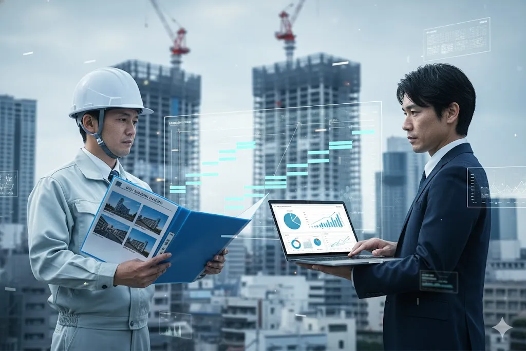 建設業とIT業のプロジェクト管理者がガントチャート（工程表）を確認している様子