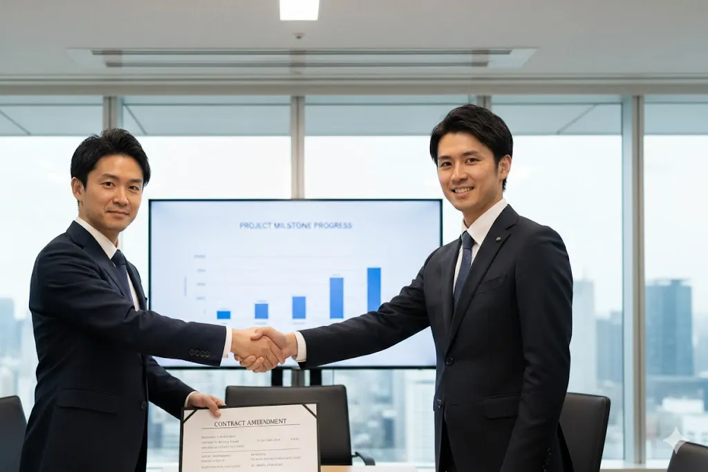 契約変更に正式に合意し、握手を交わすビジネスパーソン