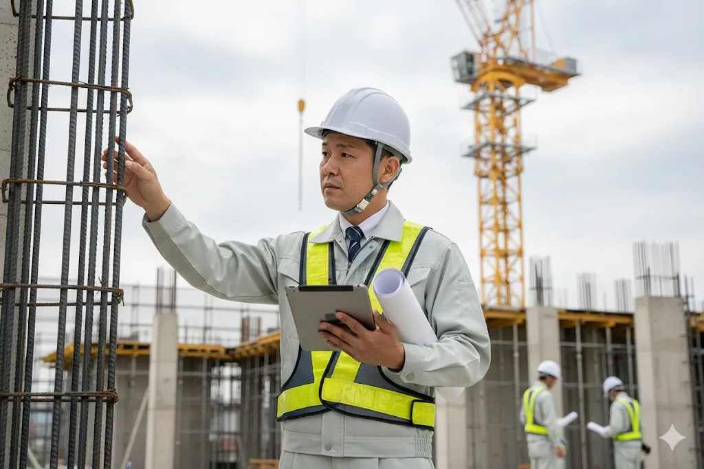 建設現場で図面を見ながら品質管理を行う技術者