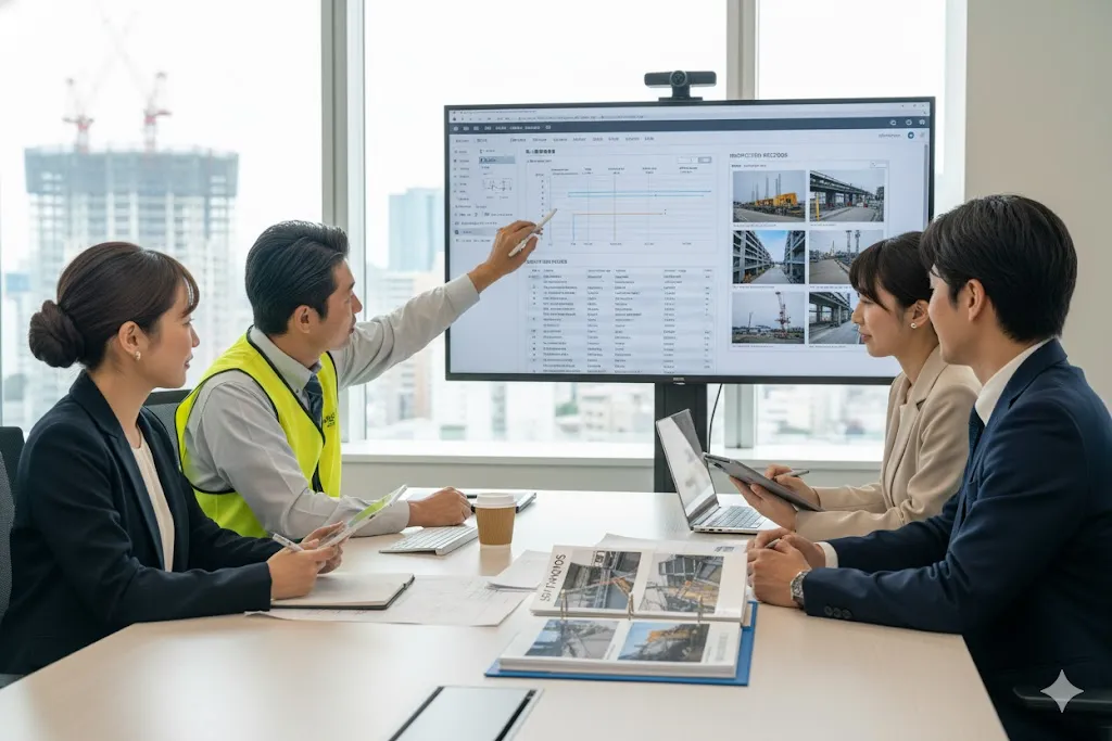 施工管理アプリのデータを見ながら品質管理会議を行う人々