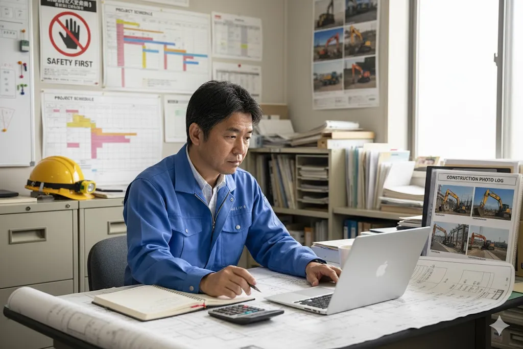 建設現場の事務所で図面とPCデータを見比べ、真剣な表情で見積作業を行う現場監督。傍らにはヘルメットが置かれている。