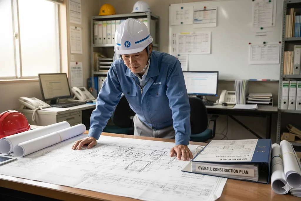 図面と総合施工計画書を確認し、工種別施工計画の作成準備をする現場監督。