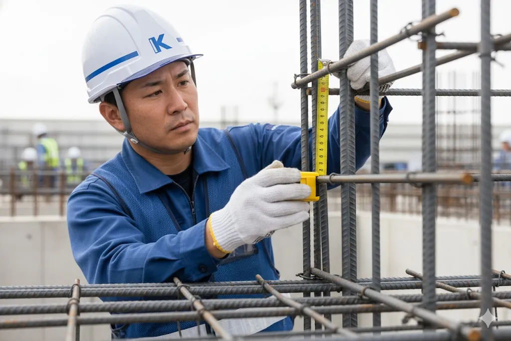 鉄筋工事の現場で、施工計画に基づき配筋の品質検査を行う技術者。