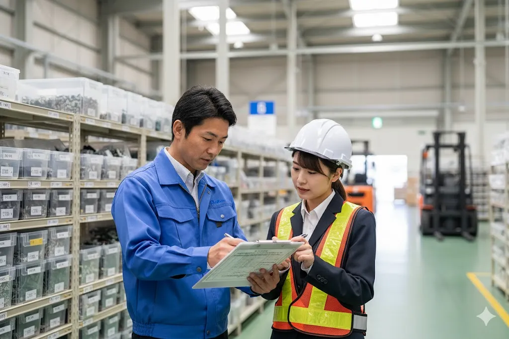 調達担当者がサプライヤーと仕様や納期を確認している業務風景