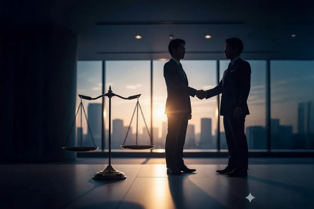 法律（天秤）と公正な取引（握手）を示すコンプライアンスのイメージ