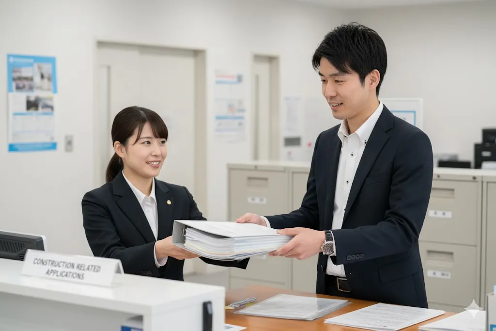 役所のカウンターで職員に届出書類を提出する人物