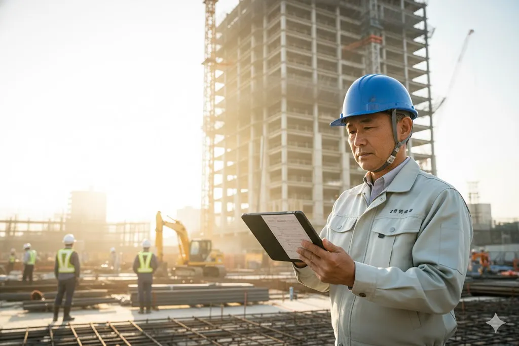 建設現場で必要な届出書類を確認するヘルメット姿の現場監督