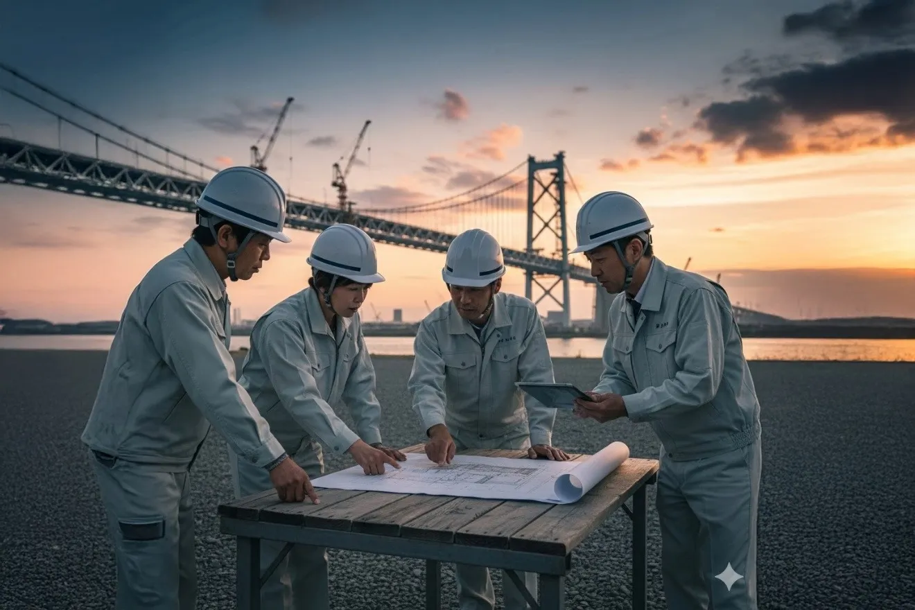 建設現場で設計図を見ながら協議する技術者たち