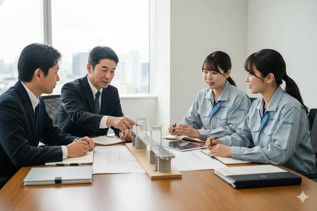 発注者と受注者が技術的な協議を行っている会議の様子