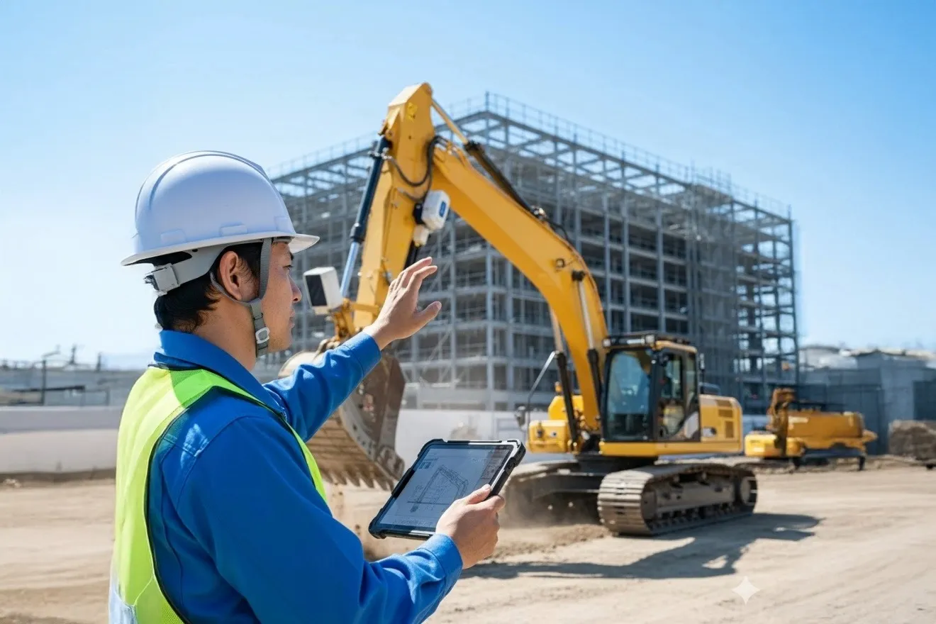 建設現場でタブレット端末を見ながらICT建機に指示を出す現場監督