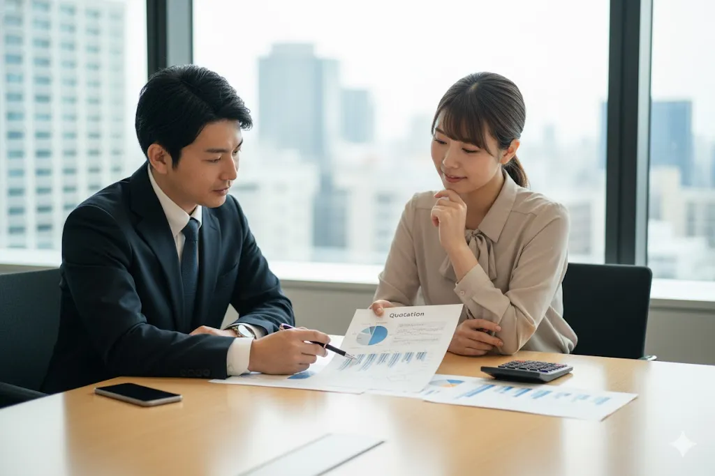 見積もり資料について打ち合わせをする2人のビジネスパーソン