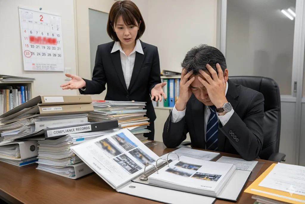 建設業の複雑な届出手続きや期限管理に悩む事業者の様子