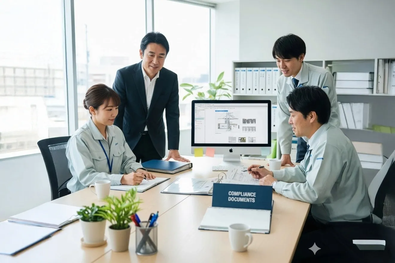 建設業の届出管理体制が整備され、チームで協力して適正な手続きを行う様子