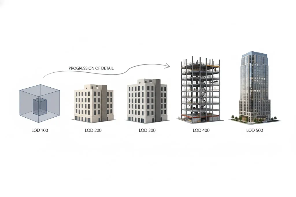 LOD 100の概念的なブロックからLOD 500の詳細なBIMモデルへと段階的に詳細化されていく様子を示す図