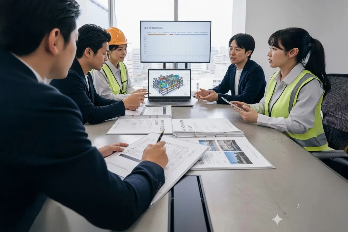 BIM実行計画書(BEP)を囲み、LOD(情報モデル詳細度)について議論するプロジェクト関係者たち