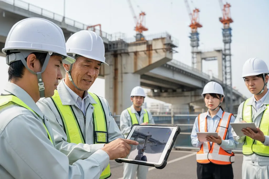 タブレットの3Dモデルを見ながら技術継承を行う建設作業員と背景の老朽化した橋梁