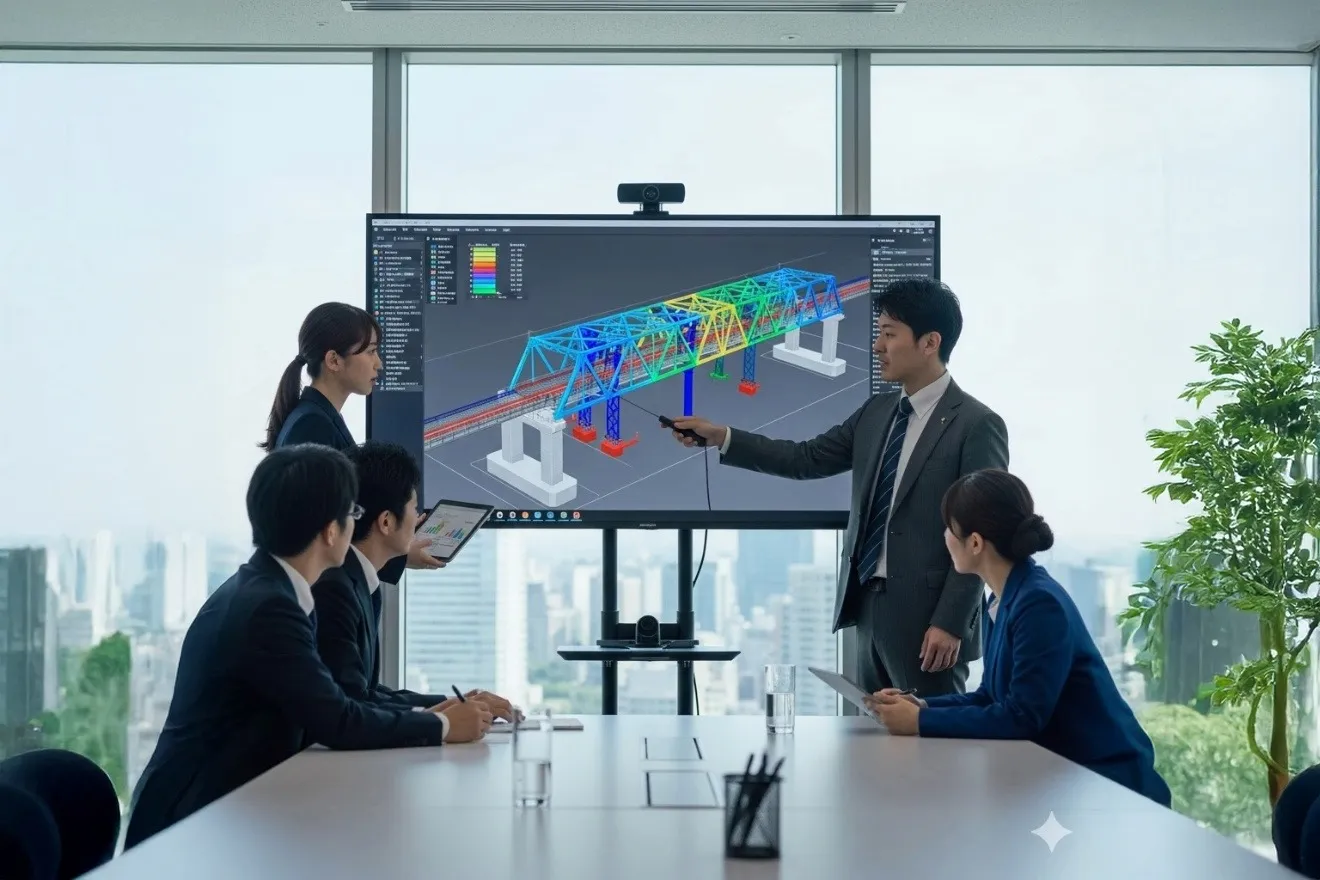 3次元のCIMモデルをスクリーンに投影し、建設プロジェクトの協議を行う技術者たち