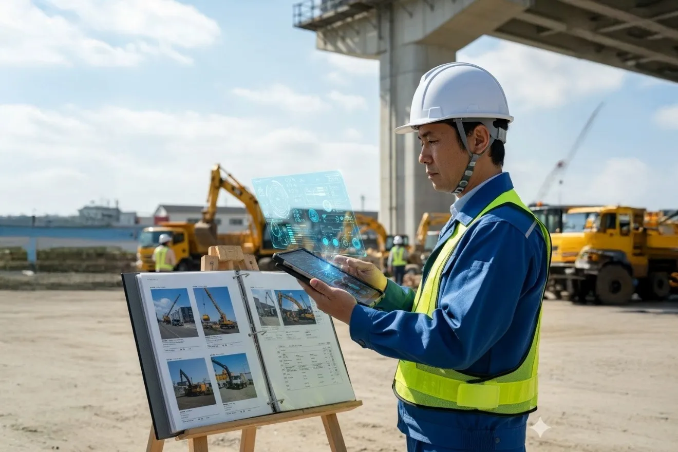 施工管理者が現場でタブレットを使いNETISの情報を確認している様子