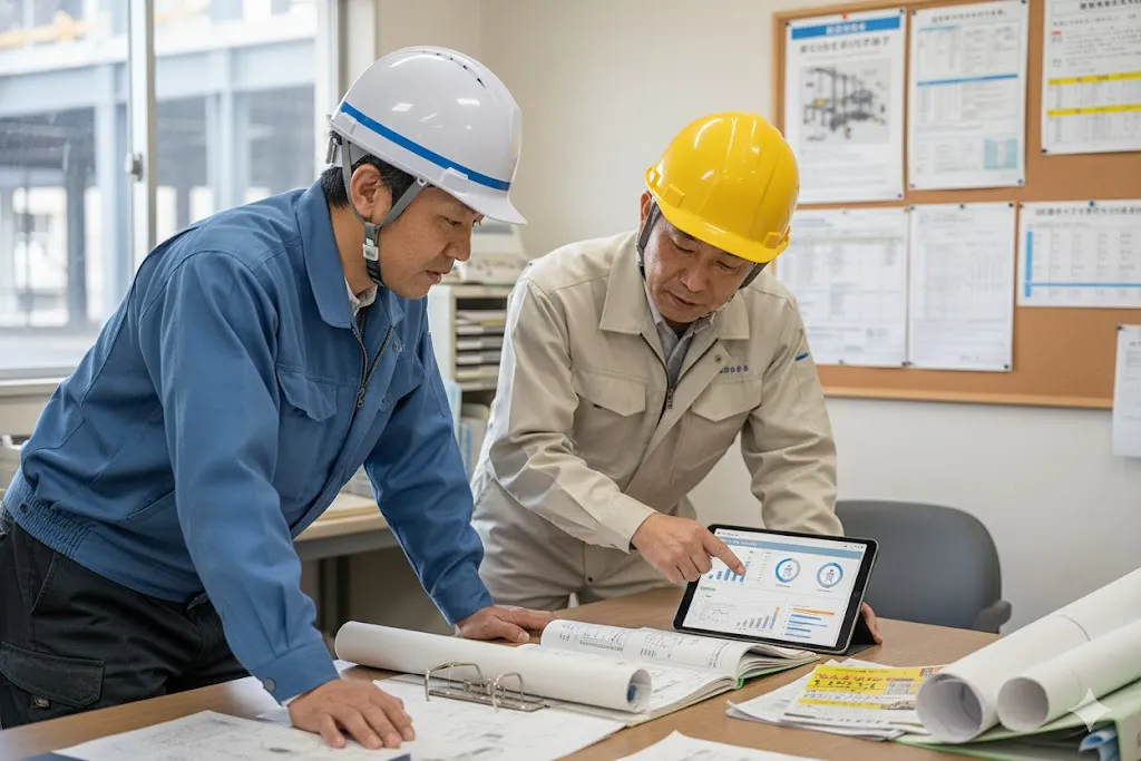 建設現場でCCUSの運用について打ち合わせをする元請と協力会社の担当者