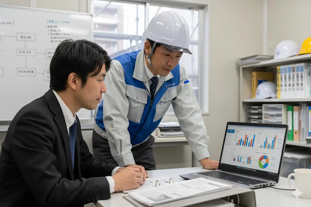 デジタルインボイス導入により業務効率化を実現した建設業の現場監督と経理担当者