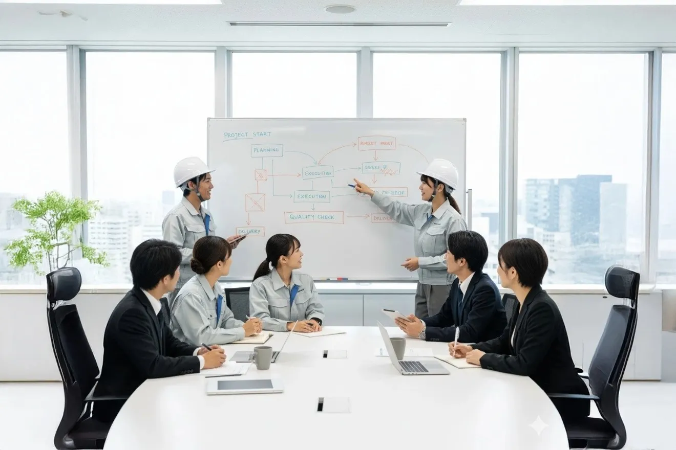 ホワイトボードを囲み、デジタルインボイス導入のステップについて議論する建設業のチーム
