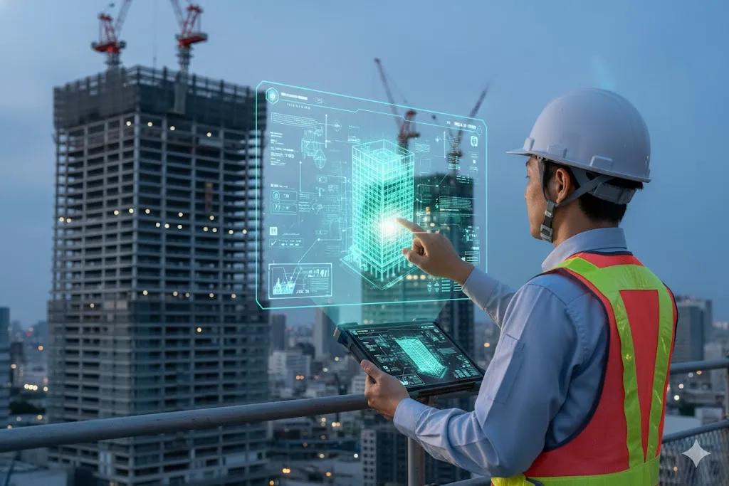 BIMモデルをタブレットで確認しながら打ち合わせをする建築士たち