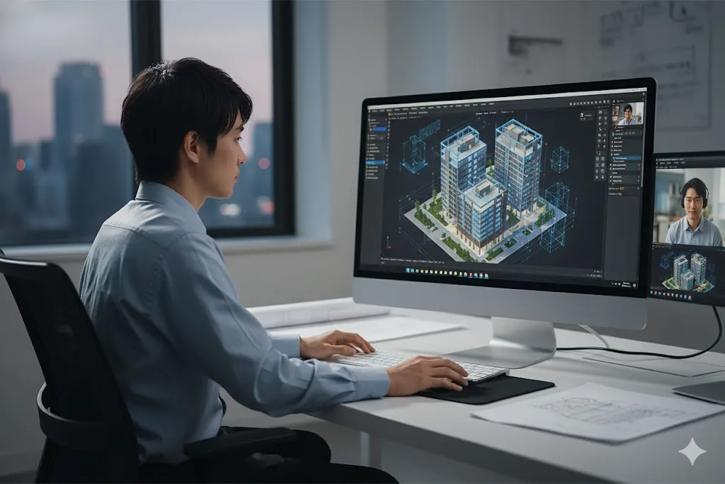 オフィスでBIMソフトの学習をする建築デザイナー
