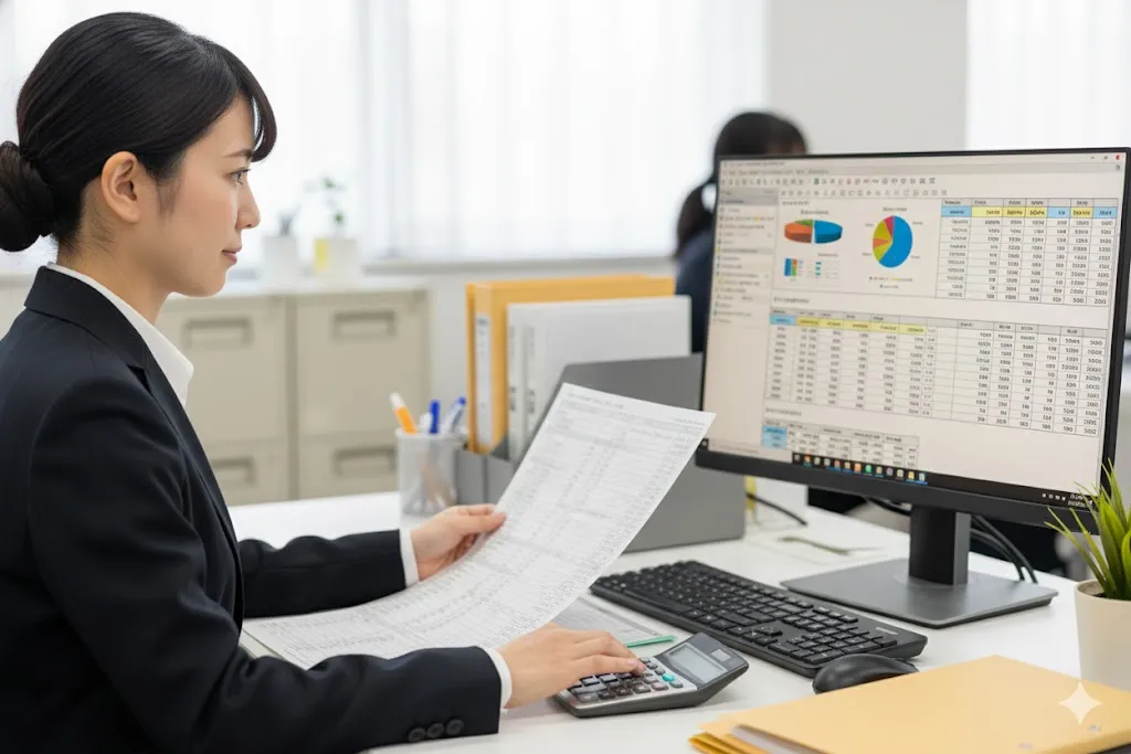 建設会社のオフィスでパソコンと電卓を使い、会計伝票の処理を行う経理担当者