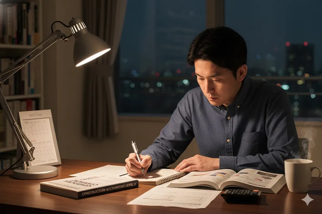デスクで建設業経理士の資格取得を目指し、テキストと電卓を使って学習する人物