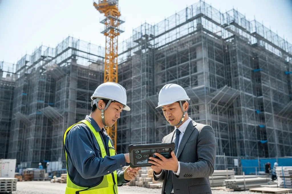建設現場で図面を見ながら打ち合わせる作業員と現場監督