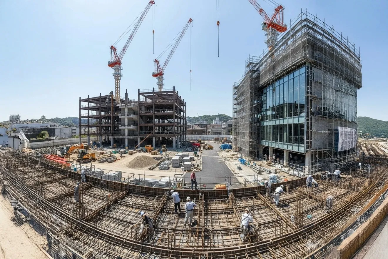 建設業許可の29業種を象徴する多様な建設現場の様子