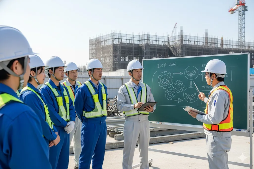 建設現場の朝礼でサステナビリティについて話し合う作業員たち