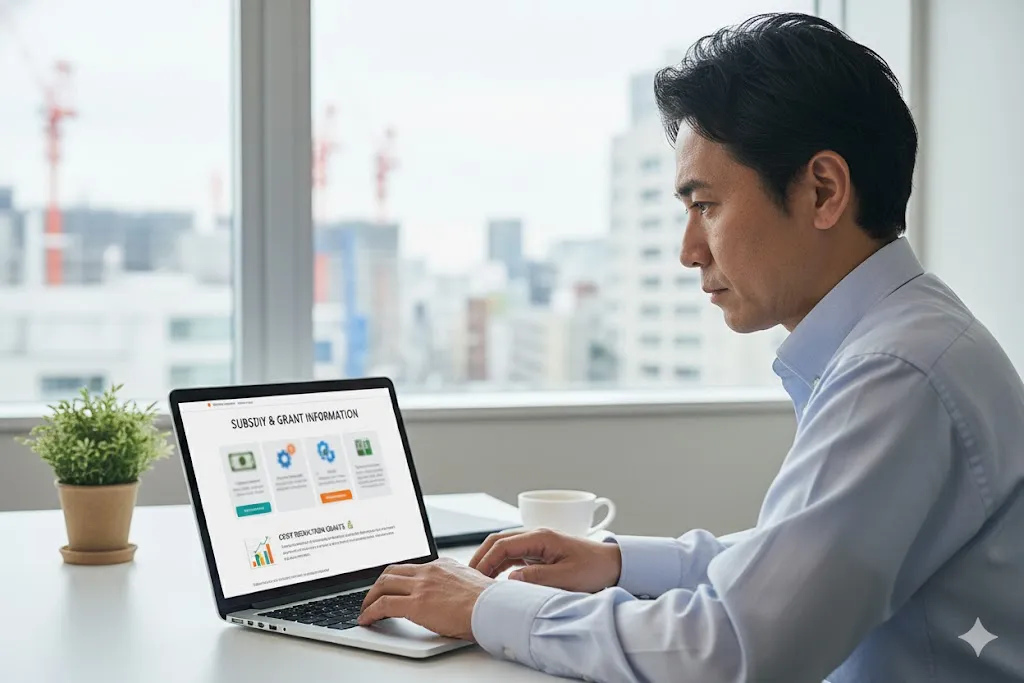 オフィスのデスクでサステナビリティ関連の補助金について調べる建設業関係者