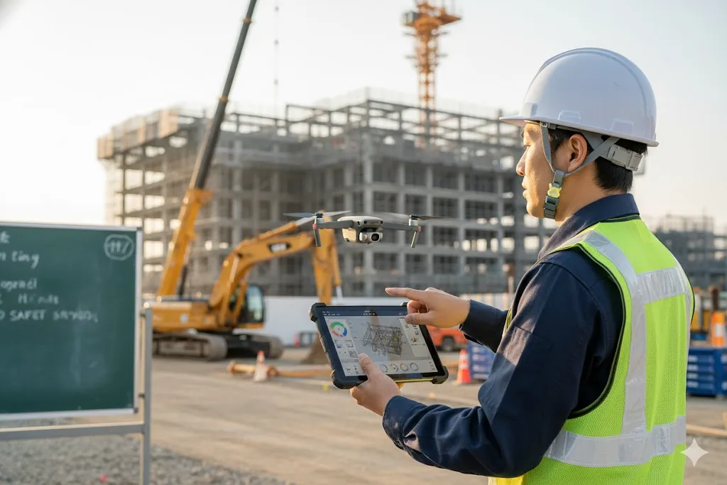 ICT技術が導入された最新の建設現場で働く技術者たち