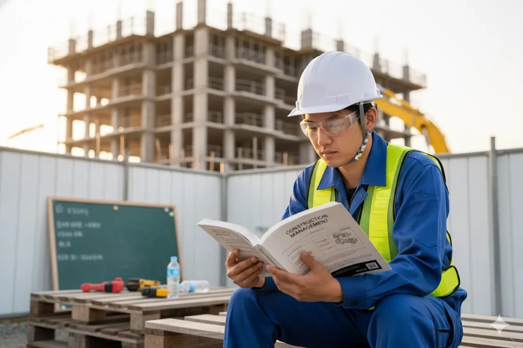 建設現場でのキャリアアップを目指し、真剣に資格の勉強をする作業員の様子