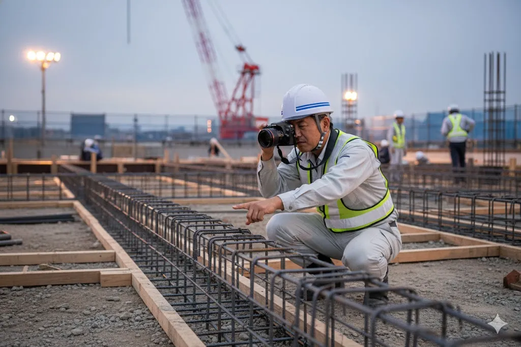 建設現場で建物の基礎部分の鉄筋を撮影する作業員