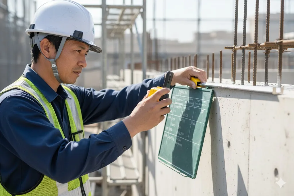 工事現場で黒板とスケールを使い、施工状況を撮影する作業員