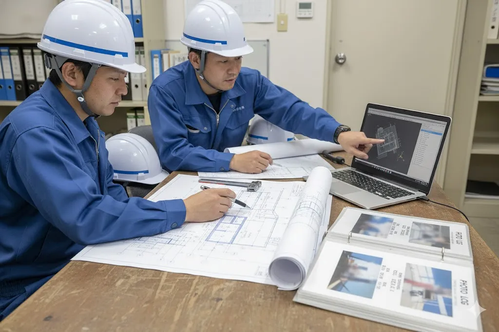 紙の仕様書とノートパソコンを見比べながら電子納品の事前協議を行う技術者