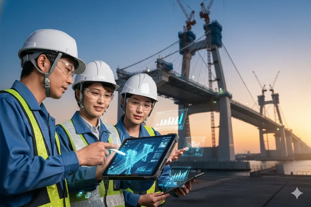 タブレット端末の3Dモデルを見ながら打ち合わせる建設技術者たち