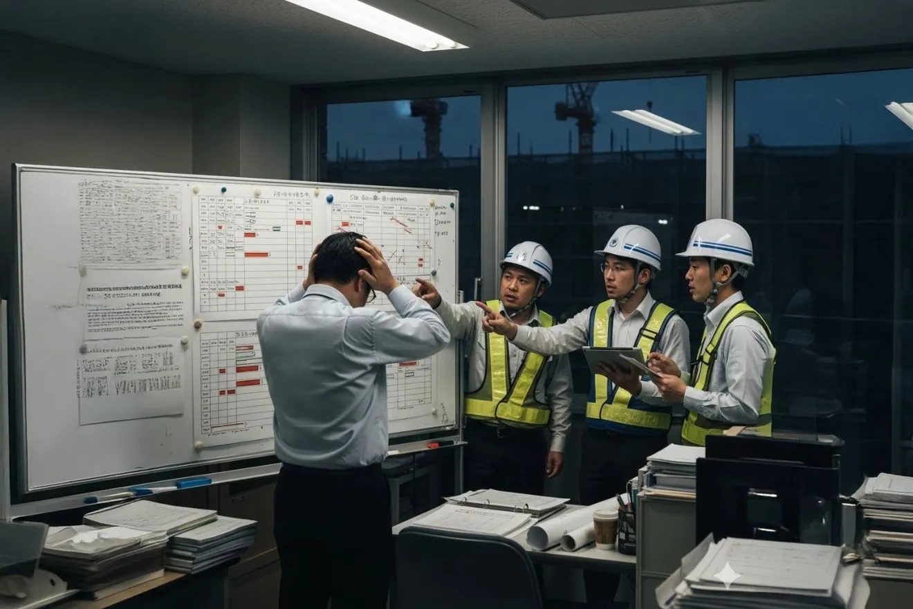 作業計画が乱れ、現場で混乱している作業員たちの様子