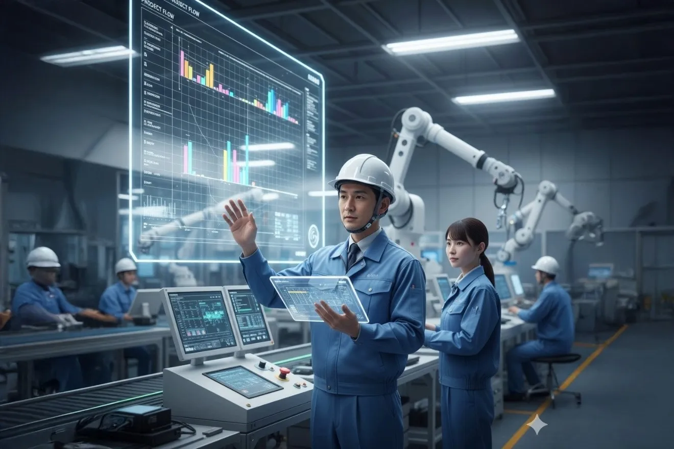 ITツールを活用し、円滑な工程管理が行われている未来的な現場の様子