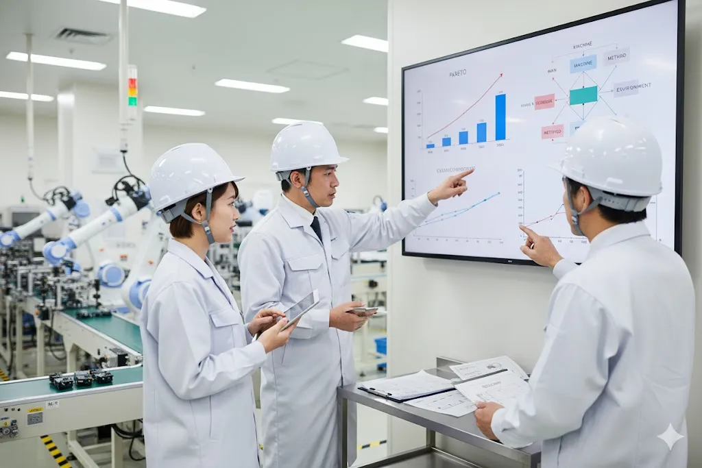 工場の生産ラインでQC手法のグラフを見ながら議論する人々
