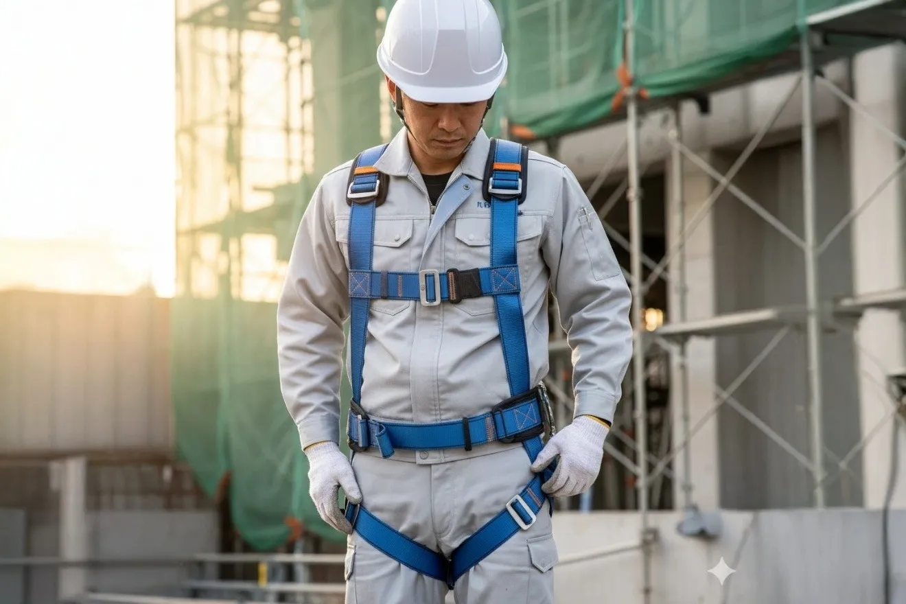 フルハーネス型墜落制止用器具を正しく装着する作業員