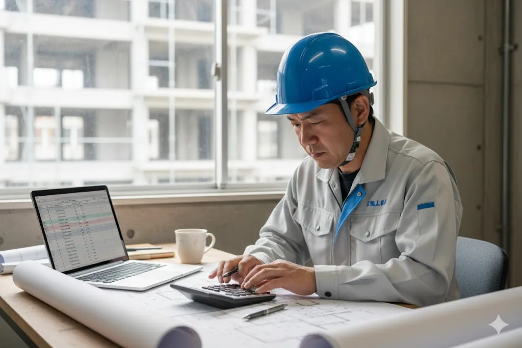 図面を見ながら実行予算の積算を行う現場監督