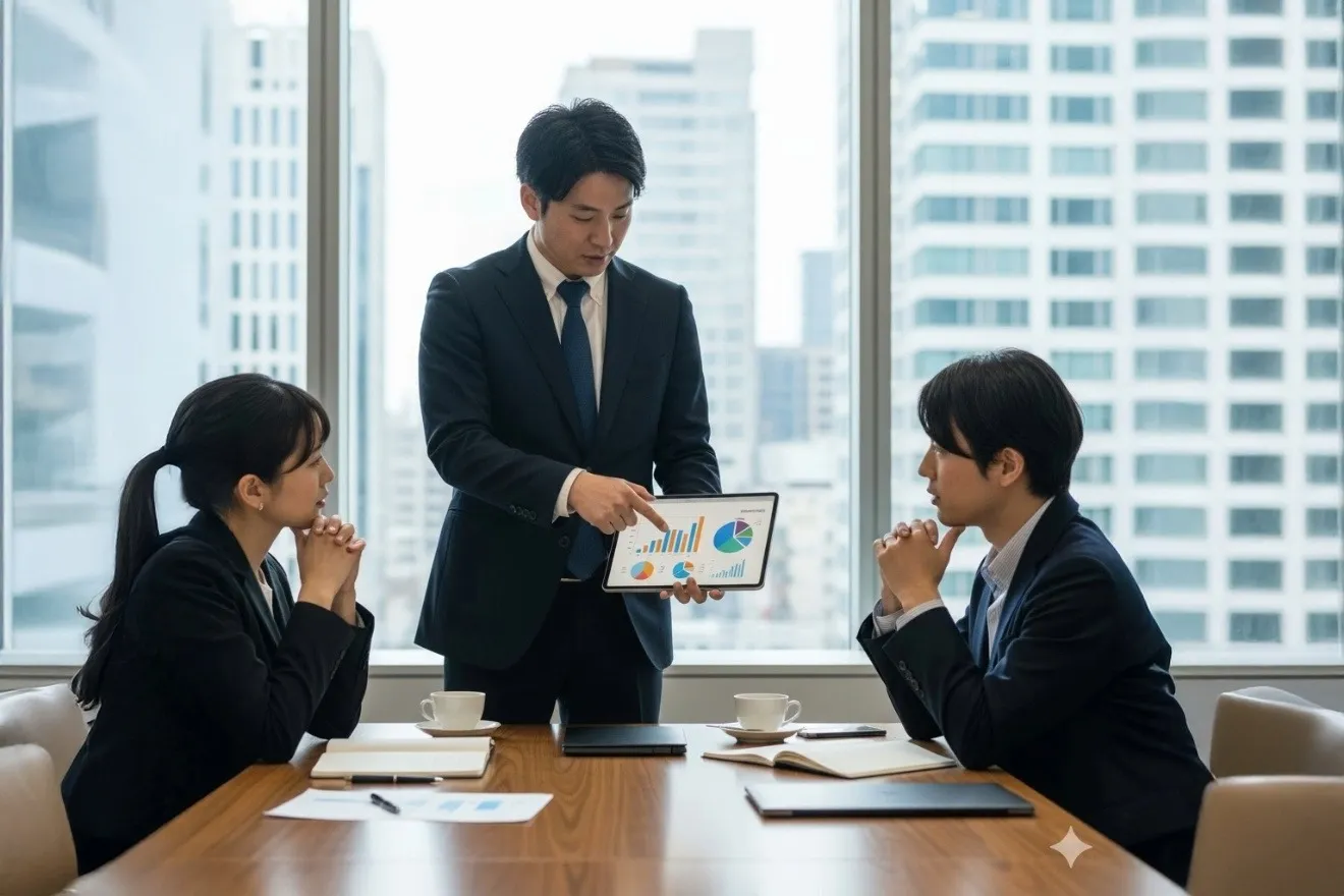 タブレットのデータを見ながら原価管理の会議を行うビジネスチーム