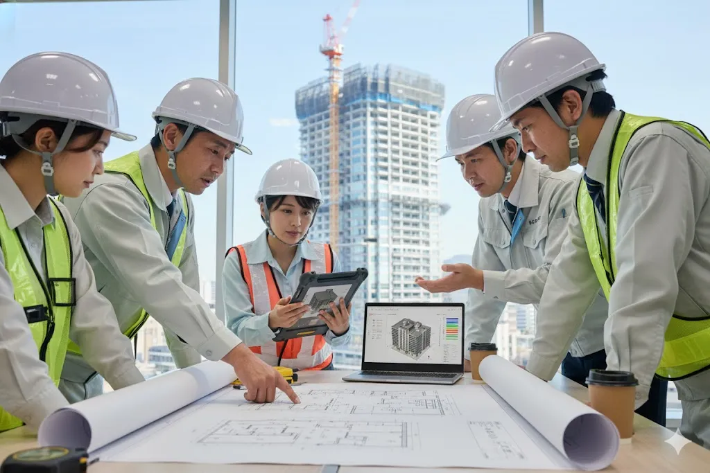 建設現場でタブレット端末と図面を見ながら施工計画の打ち合わせをする技術者たち