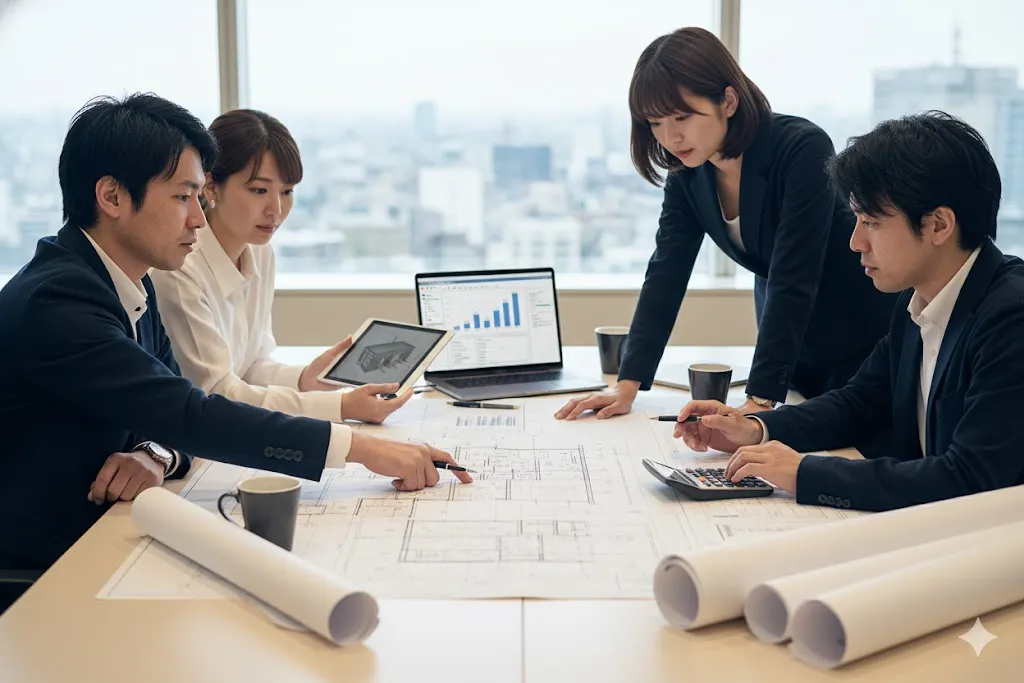 設計図を囲んで施工計画の打ち合わせをする人々